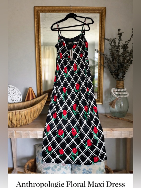 Anthropologie Dresses & Skirts - Anthropologie Floral Maxi Dress🌹Romantic Strappy Midi Black White Red Rose Print